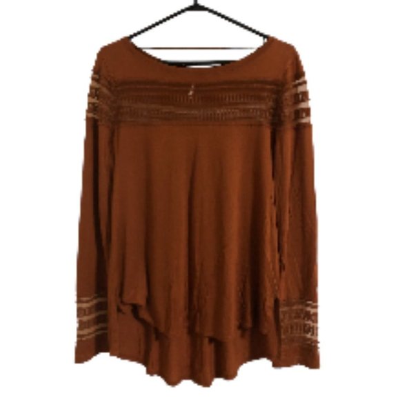Free People Brown/Orange Mesh Hi-Low Long Sleeve Top - Picture 3 of 6